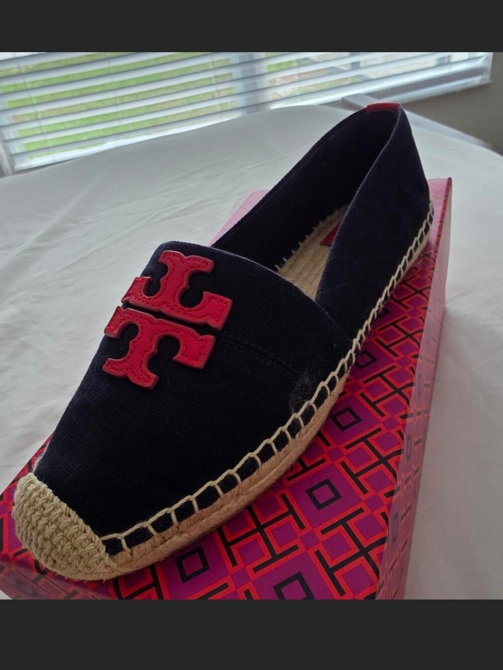 Tory Burch Navy Canvas Espadrille with Red Logo
